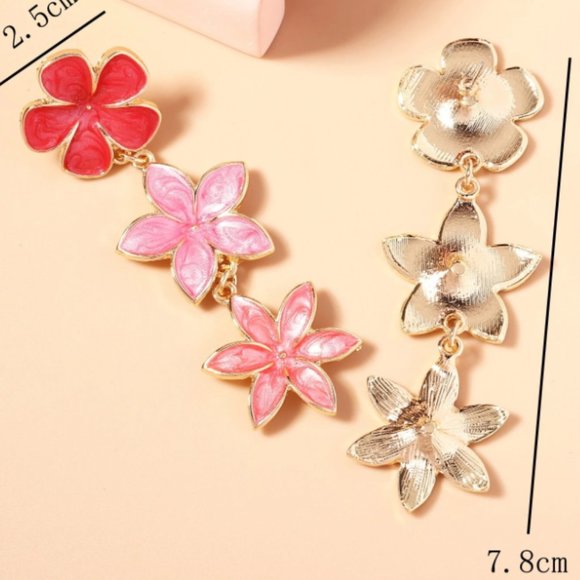 Three Tier Pink Floral Flower Drip Oil Enamel Drop Earrings NEW - Picture 4 of 8